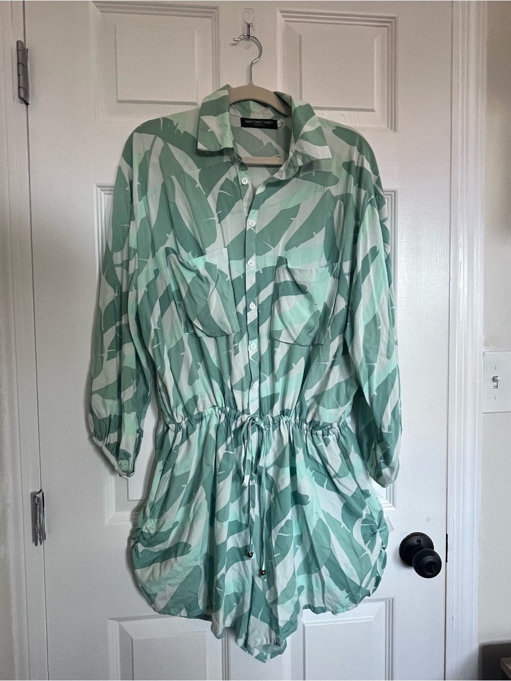SweetHoney Mint Green & White Printed Button Romper